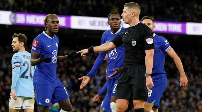 Chelsea argues a penalty call.